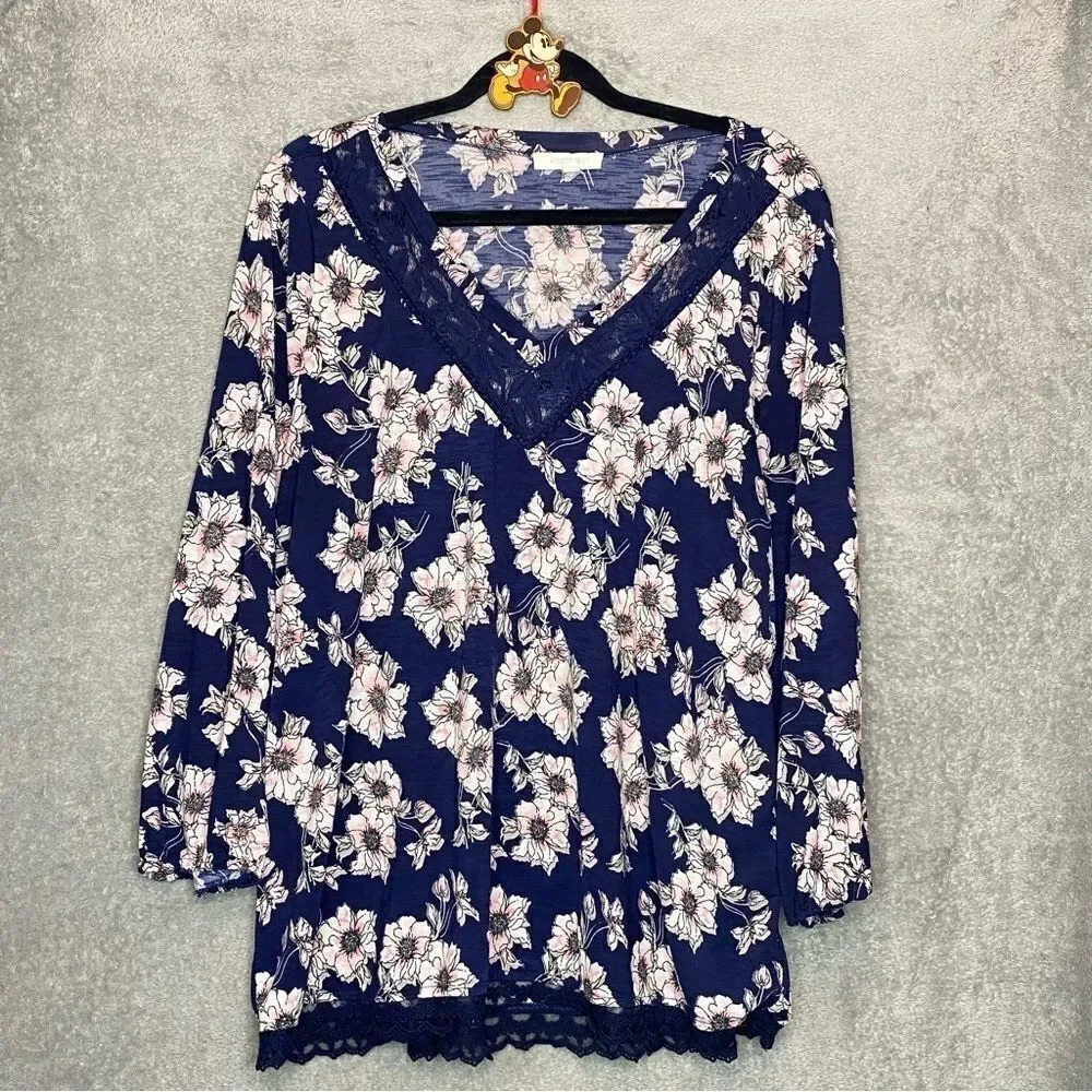 AUGUST Mist 1X Top Shirt Blue Pink Floral V Neck Long Sleeve Lace Trim Stretch‎